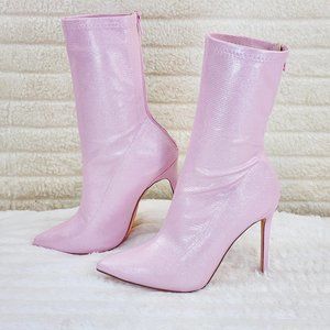 Baby Pink Stiletto High Heel Stretch Fabric Pointy Toe Ankle Boots Booties Odin